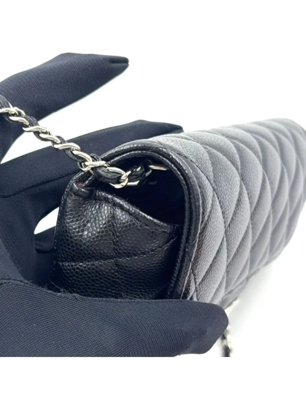Chanel Quilted Eyewear Case Caviar Leather Black Chain Shoulder Bag Silver